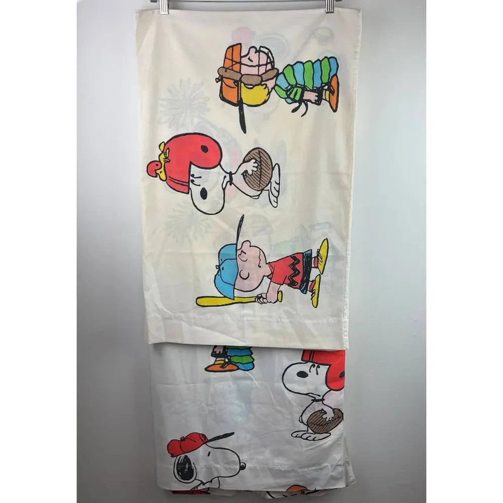Vintage PEANUTS Charlie Sport Snoopy Flat Sheet 2 Pillow Montgomery Ward 81x104